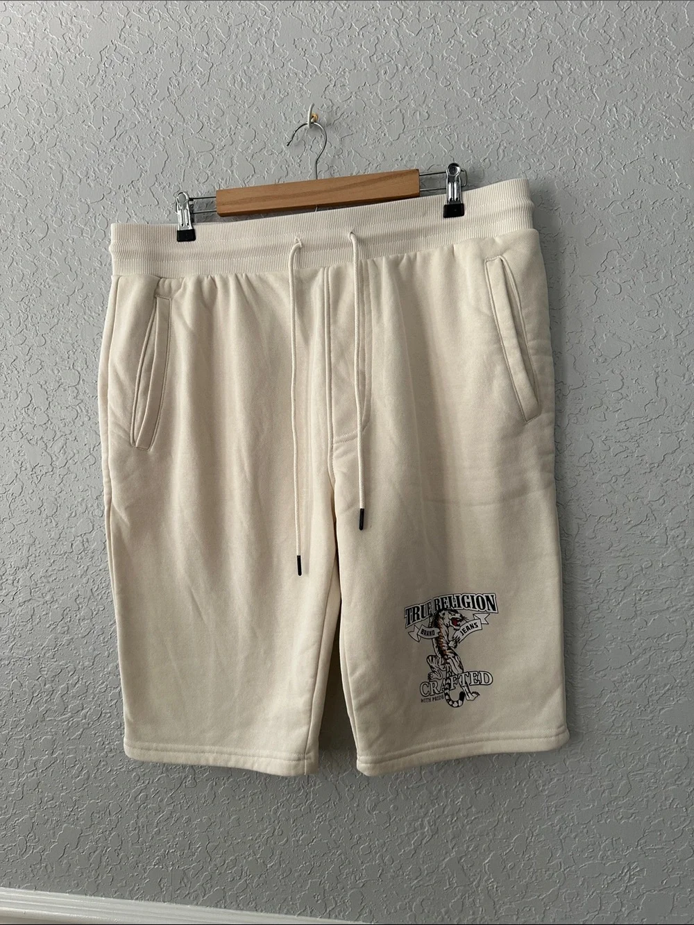 True Religion Men's Cream Drawstring Athletic Shorts with Logo